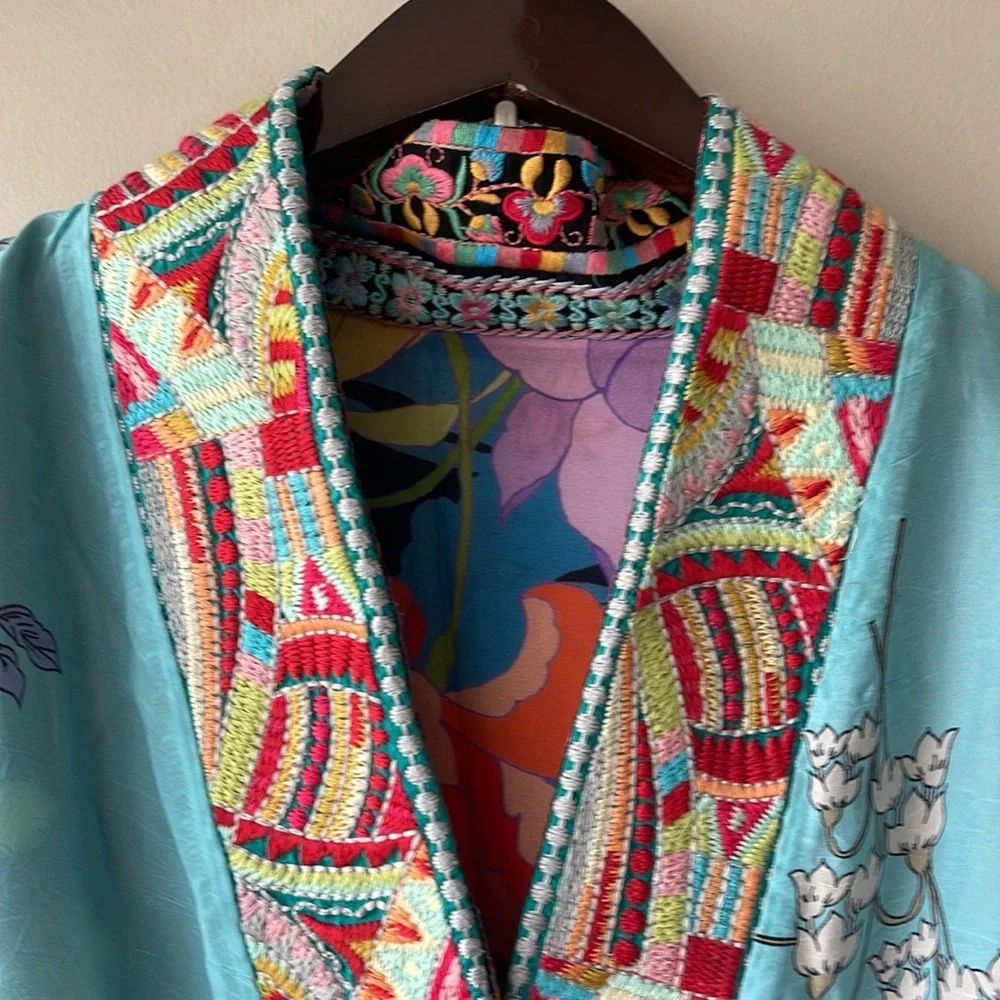 JOHNNY WAS Fuska Reversible Flower Embroidered Kimono Style Snap Front Jacket - Picture 8 of 14